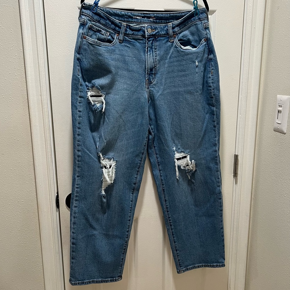 OLD NAVY Curvy High-Waisted OG Loose Ripped Jeans SIZE 14 Medium Wash